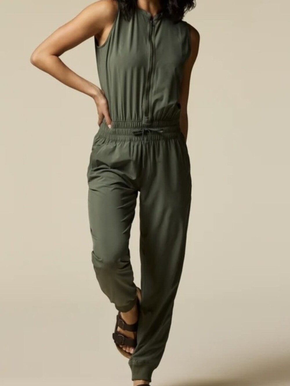 Cotopaxi Cambio Olive Green Sleeveless Zip-Front Jumpsuit Drawstring Jogger